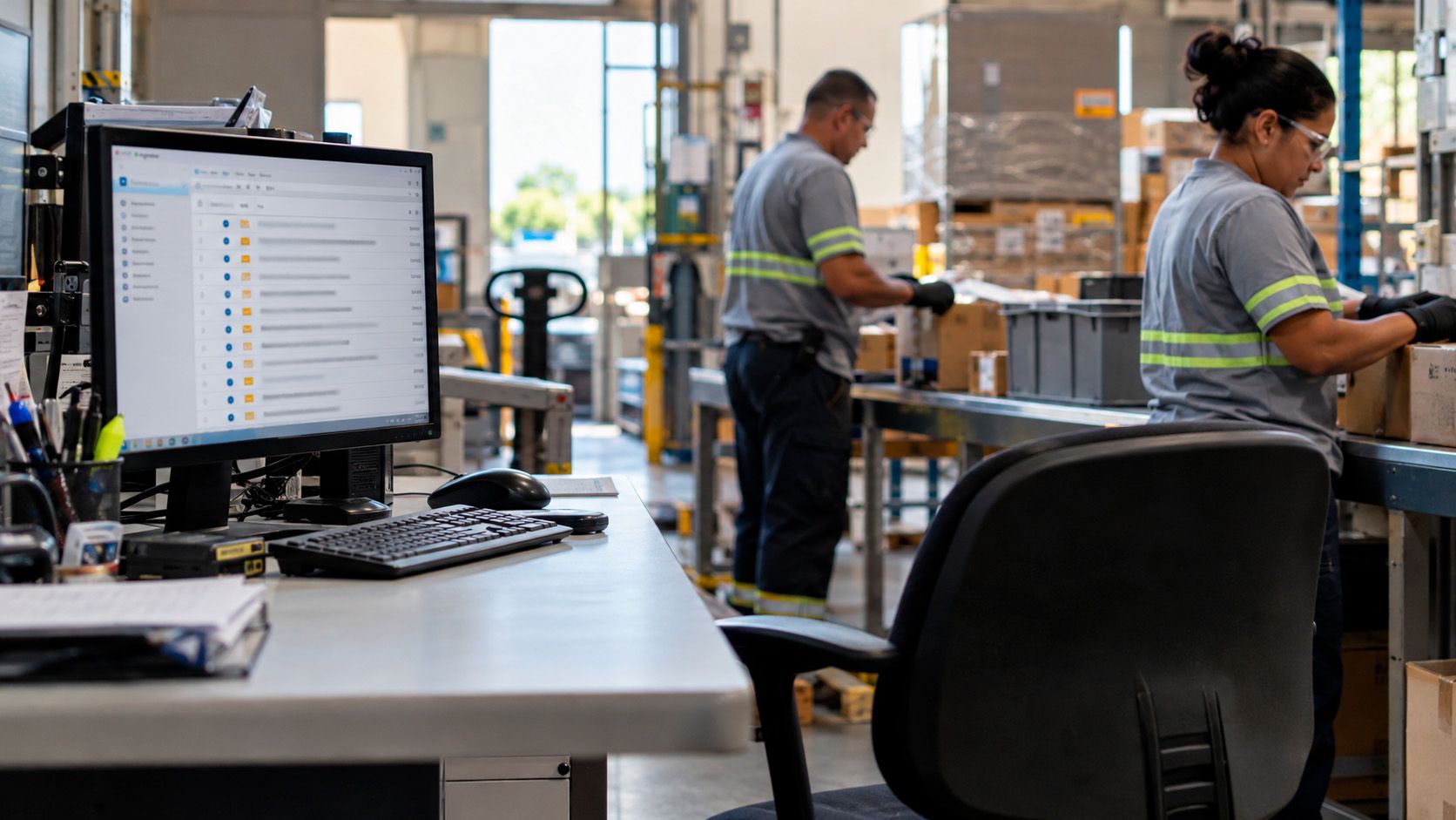 Operador de produção com capacete e luvas trabalhando na linha, longe do computador.