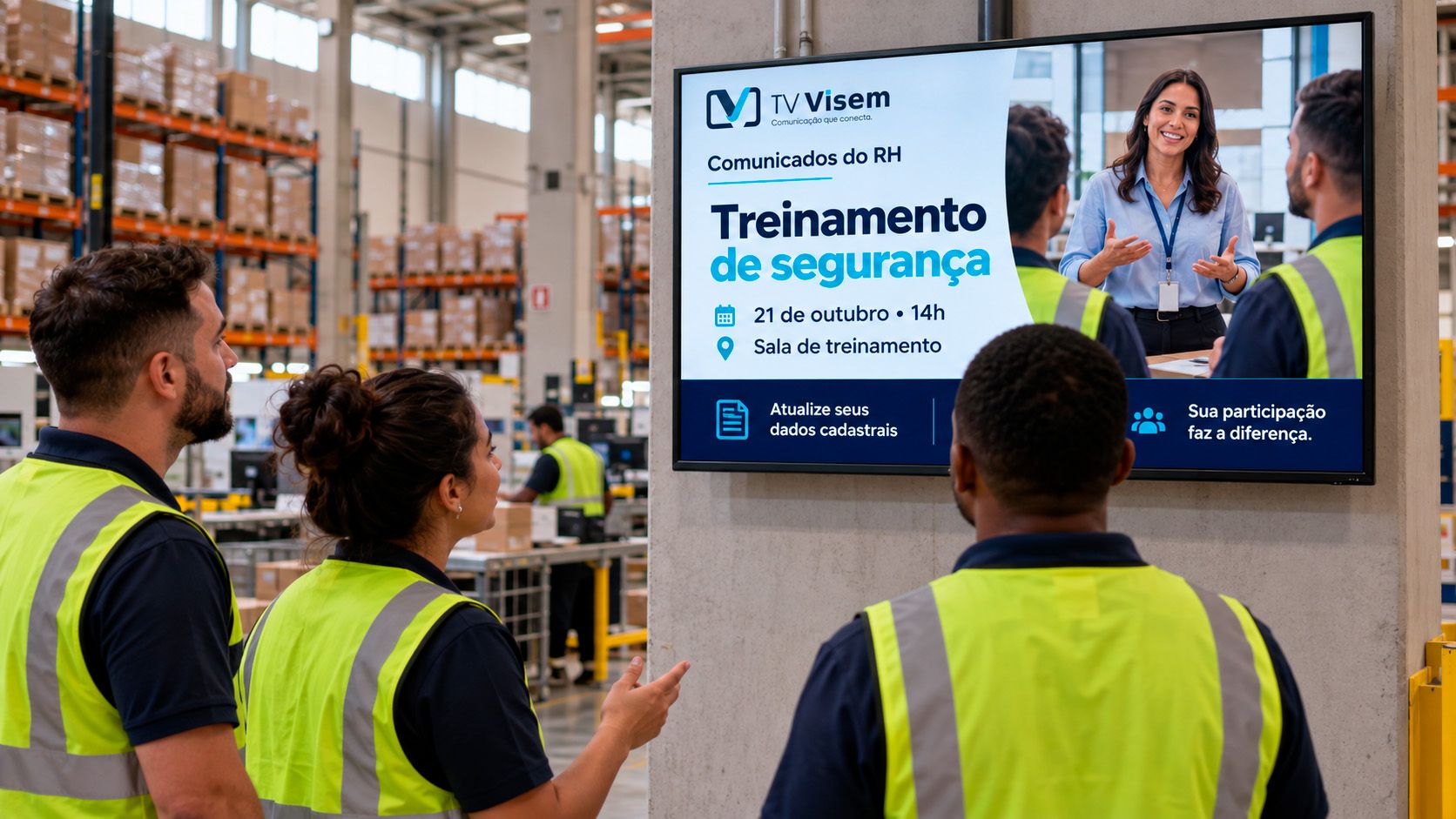 Colaboradores no refeitório da empresa acompanhando os avisos na TV corporativa.